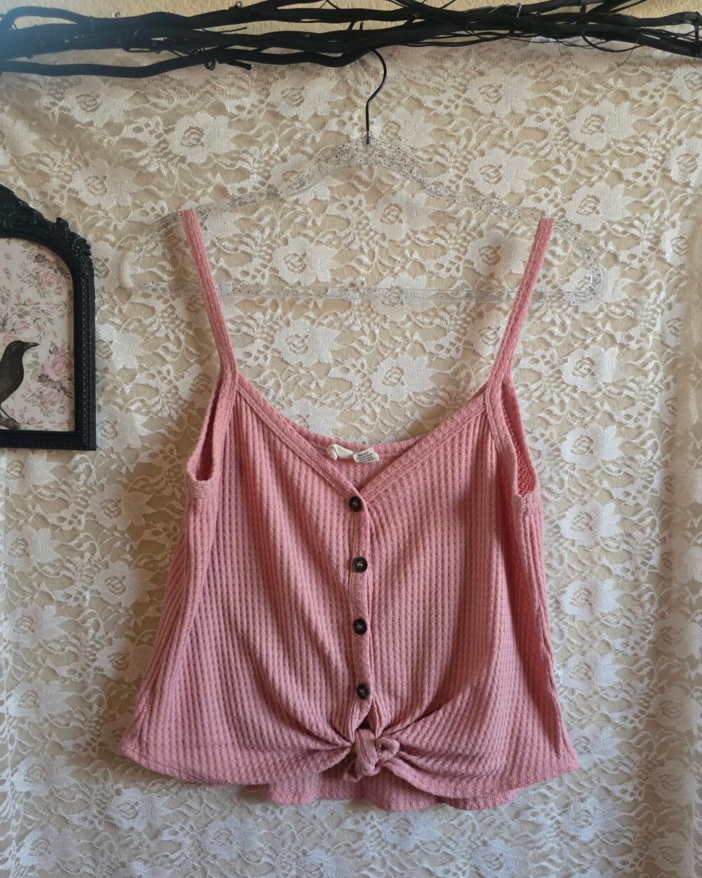 Sky & Sparrow Pink Waffle Knit Tie-Front Tank Top - coquette - boho - western